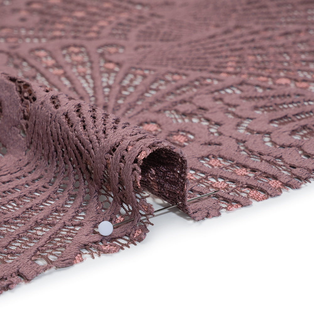 Stretch Raschel Lace with Finished Edges - Old Rose and Salmon Shell Fans - Detail Stretch Raschel Lace with Finished Edges - Old Rose and Salmon Shell Fans - Detail