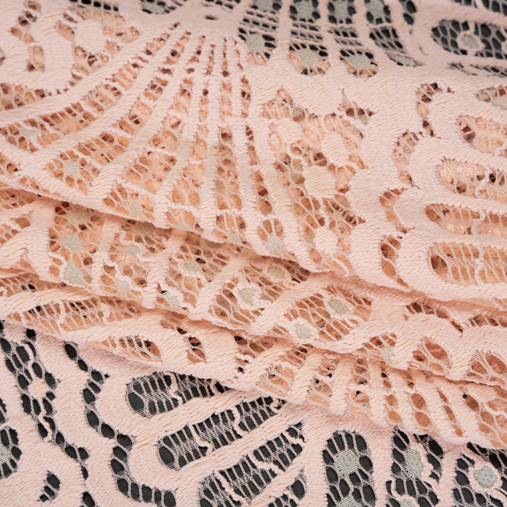 Stretch Raschel Lace with Finished Edges - Blush Pink and Light Blue Shell Fans Stretch Raschel Lace with Finished Edges - Blush Pink and Light Blue Shell Fans