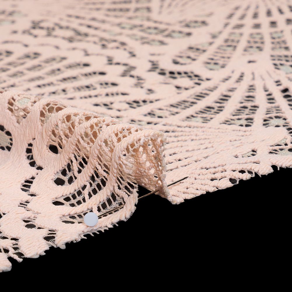 Stretch Raschel Lace with Finished Edges - Blush Pink and Light Blue Shell Fans Stretch Raschel Lace with Finished Edges - Blush Pink and Light Blue Shell Fans