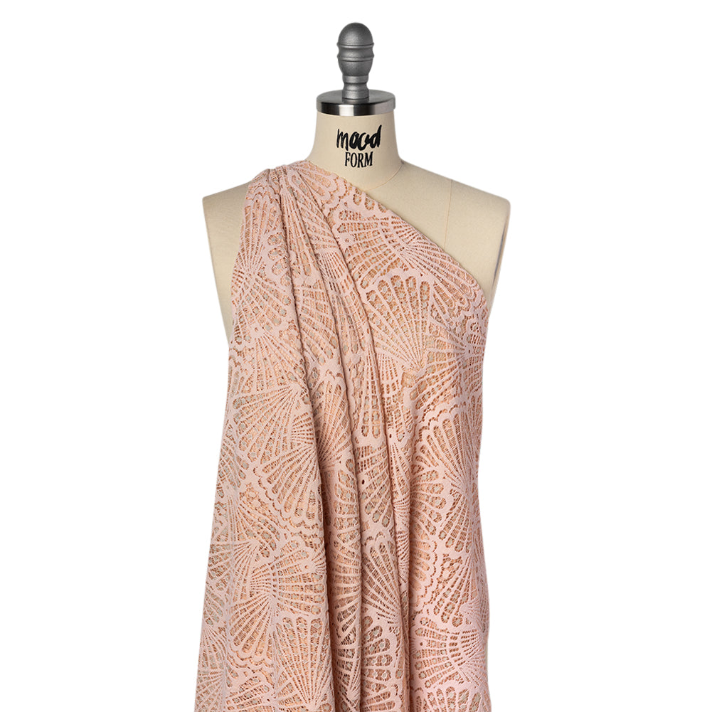 Stretch Raschel Lace with Finished Edges - Blush Pink and Light Blue Shell Fans Stretch Raschel Lace with Finished Edges - Blush Pink and Light Blue Shell Fans