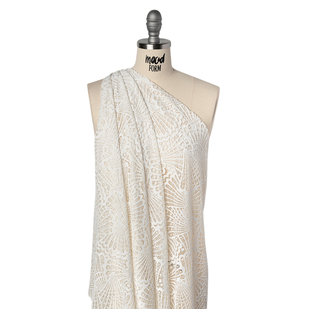Stretch Raschel Lace with Finished Edges - Ivory Shell Fans Drape Stretch Raschel Lace with Finished Edges - Ivory Shell Fans Drape