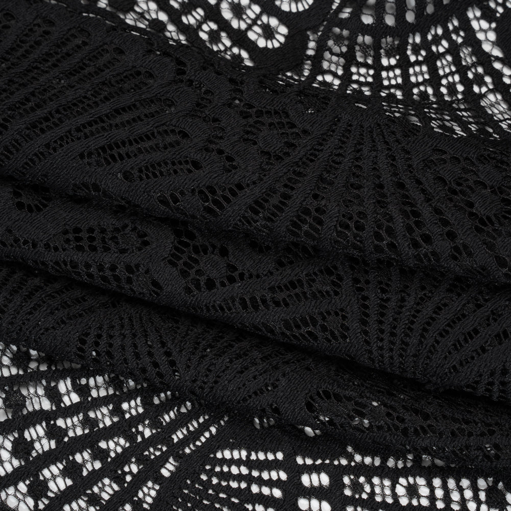 Stretch Raschel Lace with Finished Edges - Black Shell Fans - Folded Stretch Raschel Lace with Finished Edges - Black Shell Fans - Folded