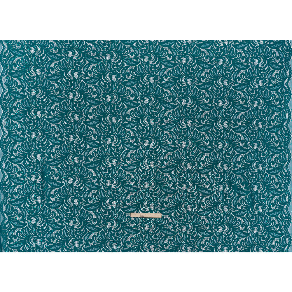 Stretch Raschel Lace with Metallic Spots - Dark Teal and Navy Fancy Leaves and Flowers - Full Stretch Raschel Lace with Metallic Spots - Dark Teal and Navy Fancy Leaves and Flowers - Full
