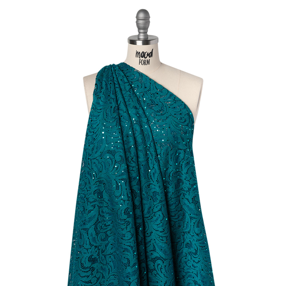 Stretch Raschel Lace with Metallic Spots - Dark Teal and Navy Fancy Leaves and Flowers - Drape Stretch Raschel Lace with Metallic Spots - Dark Teal and Navy Fancy Leaves and Flowers - Drape