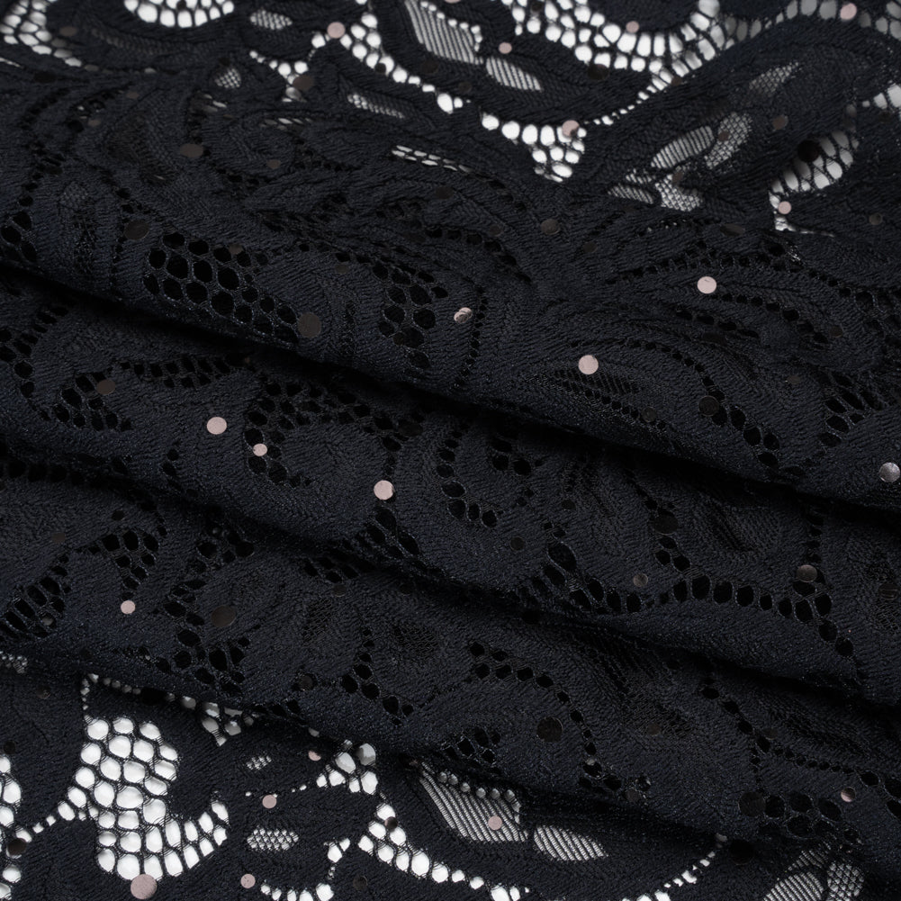 Stretch Raschel Lace with Metallic Spots - Black Fancy Leaves and Flowers Stretch Raschel Lace with Metallic Spots - Black Fancy Leaves and Flowers