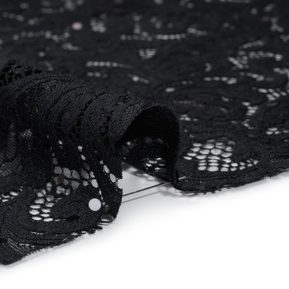 Stretch Raschel Lace with Metallic Spots - Black Fancy Leaves and Flowers Stretch Raschel Lace with Metallic Spots - Black Fancy Leaves and Flowers