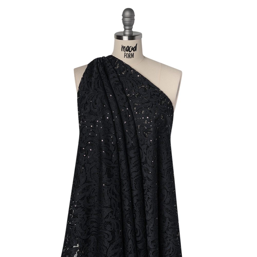 Stretch Raschel Lace with Metallic Spots - Black Fancy Leaves and Flowers Stretch Raschel Lace with Metallic Spots - Black Fancy Leaves and Flowers
