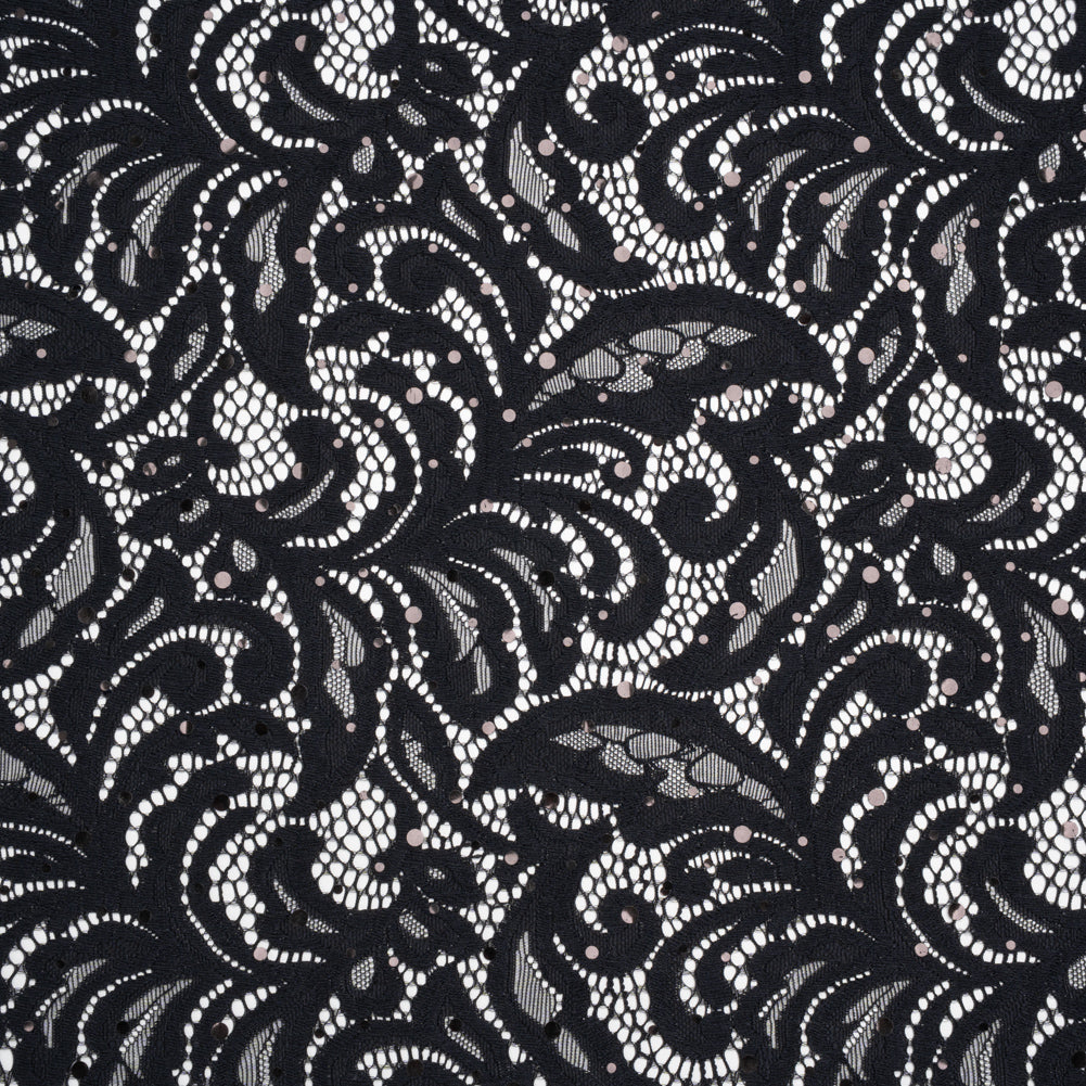 Stretch Raschel Lace with Metallic Spots - Black Fancy Leaves and Flowers Stretch Raschel Lace with Metallic Spots - Black Fancy Leaves and Flowers