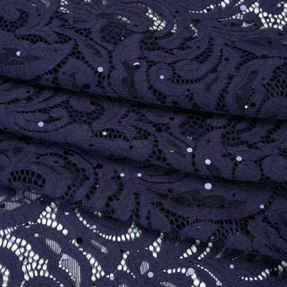 Stretch Raschel Lace with Metallic Spots - Navy Fancy Leaves and Flowers Stretch Raschel Lace with Metallic Spots - Navy Fancy Leaves and Flowers