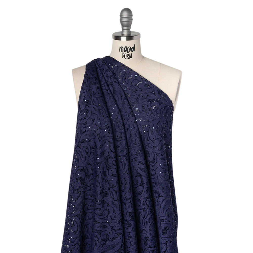 Stretch Raschel Lace with Metallic Spots - Navy Fancy Leaves and Flowers Stretch Raschel Lace with Metallic Spots - Navy Fancy Leaves and Flowers