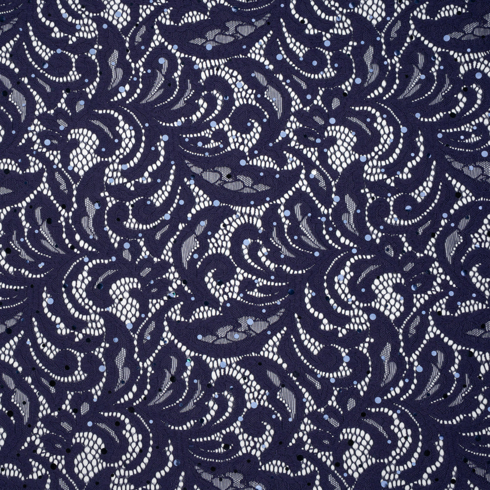 Stretch Raschel Lace with Metallic Spots - Navy Fancy Leaves and Flowers Stretch Raschel Lace with Metallic Spots - Navy Fancy Leaves and Flowers