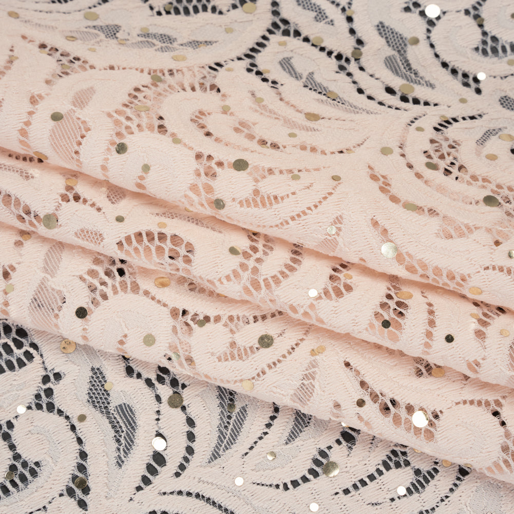 Stretch Raschel Lace with Metallic Spots - Blush and Gold Fancy Leaves and Flowers Stretch Raschel Lace with Metallic Spots - Blush and Gold Fancy Leaves and Flowers