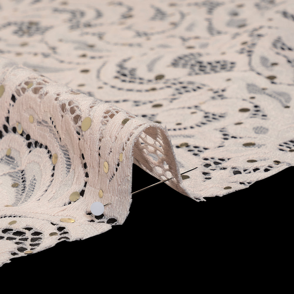 Stretch Raschel Lace with Metallic Spots - Blush and Gold Fancy Leaves and Flowers Stretch Raschel Lace with Metallic Spots - Blush and Gold Fancy Leaves and Flowers
