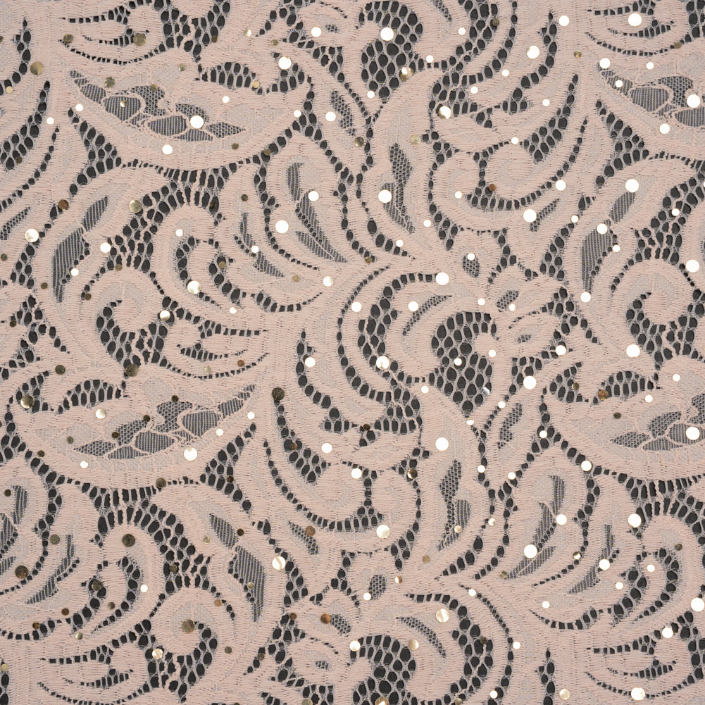 Stretch Raschel Lace with Metallic Spots - Blush and Gold Fancy Leaves and Flowers Stretch Raschel Lace with Metallic Spots - Blush and Gold Fancy Leaves and Flowers