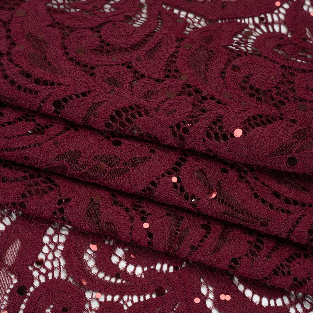 Stretch Raschel Lace with Metallic Spots - Burgundy Fancy Leaves and Flowers - Folded Stretch Raschel Lace with Metallic Spots - Burgundy Fancy Leaves and Flowers - Folded