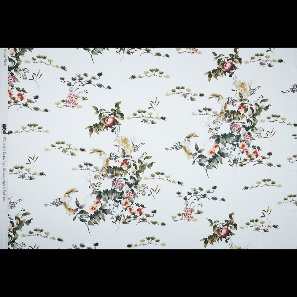 Stretch Cotton Sateen - White and Green Birds and Flowers - La Grande Tournee Print - Mood Exclusive Jacques Collection Stretch Cotton Sateen - White and Green Birds and Flowers - La Grande Tournee Print - Mood Exclusive Jacques Collection