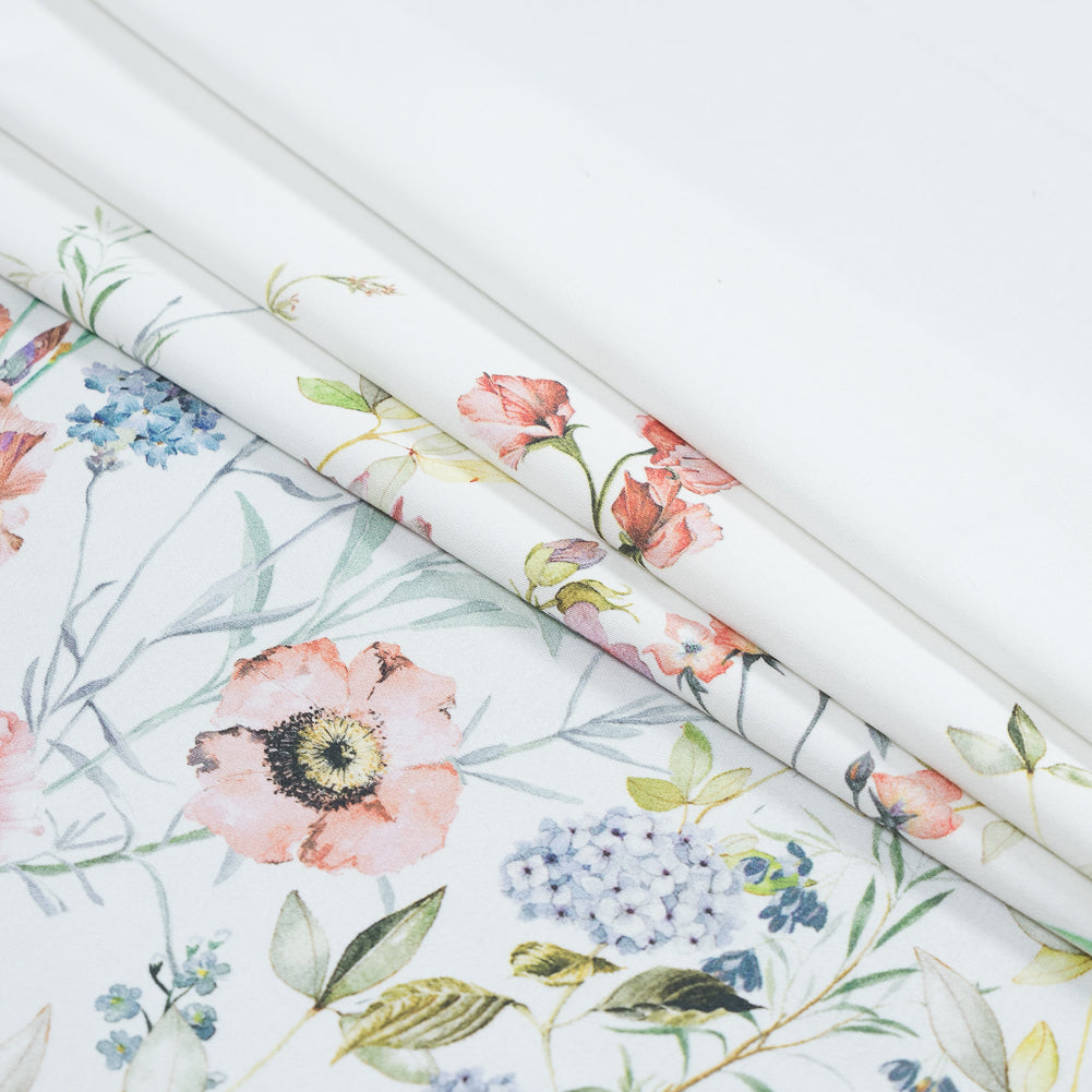 Stretch Cotton Sateen - White Floral Border - La Marche des Fleurs Print - Mood Exclusive Jacques Collection Stretch Cotton Sateen - White Floral Border - La Marche des Fleurs Print - Mood Exclusive Jacques Collection