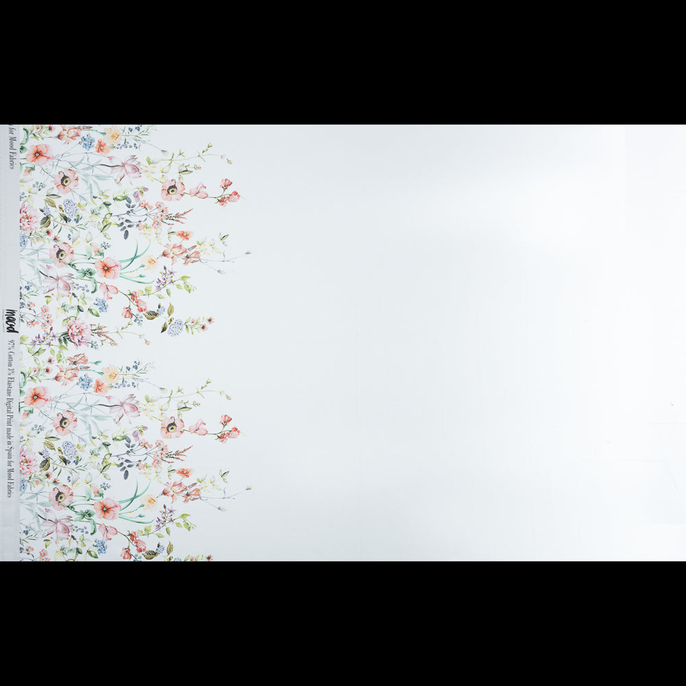 Stretch Cotton Sateen - White Floral Border - La Marche des Fleurs Print - Mood Exclusive Jacques Collection Stretch Cotton Sateen - White Floral Border - La Marche des Fleurs Print - Mood Exclusive Jacques Collection