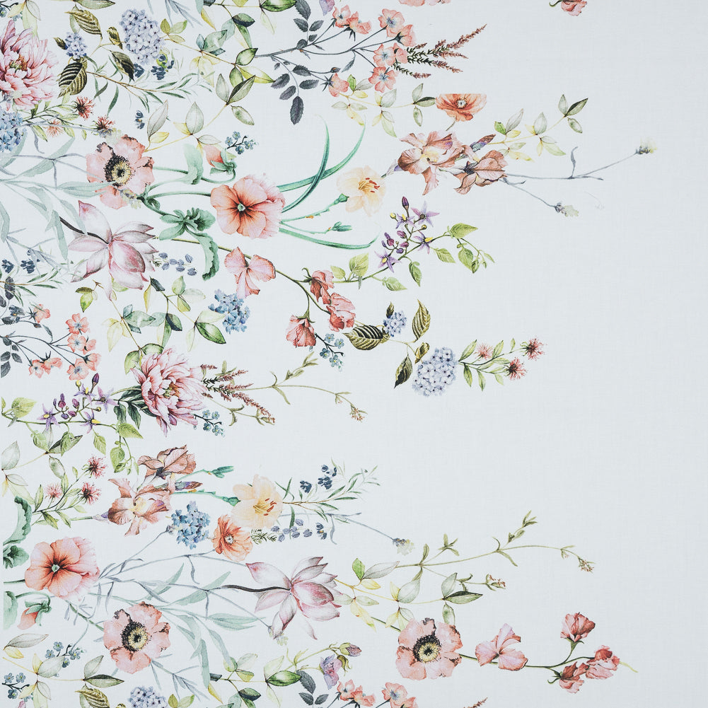 Stretch Cotton Sateen - White Floral Border - La Marche des Fleurs Print - Mood Exclusive Jacques Collection Stretch Cotton Sateen - White Floral Border - La Marche des Fleurs Print - Mood Exclusive Jacques Collection