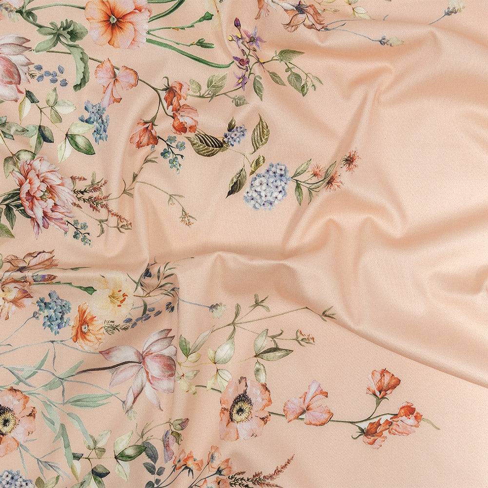 Stretch Cotton Sateen - Pink Floral Border - La Marche des Fleurs Print - Mood Exclusive Jacques Collection Stretch Cotton Sateen - Pink Floral Border - La Marche des Fleurs Print - Mood Exclusive Jacques Collection