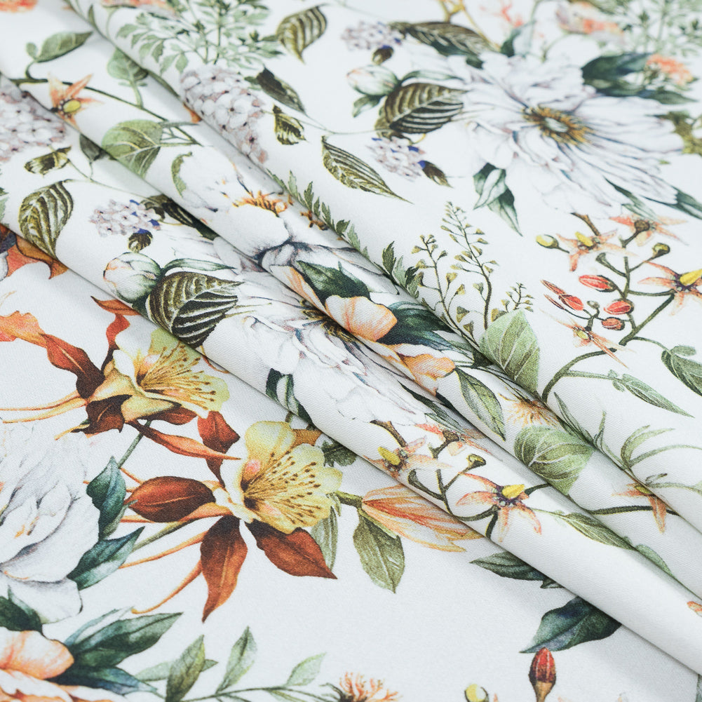 Satén de algodón elástico - Naranja y verde - Estampado Les Fleurs de L'amour - Colección Jacques exclusiva de Mood Satén de algodón elástico - Naranja y verde - Estampado Les Fleurs de L'amour - Colección Jacques exclusiva de Mood