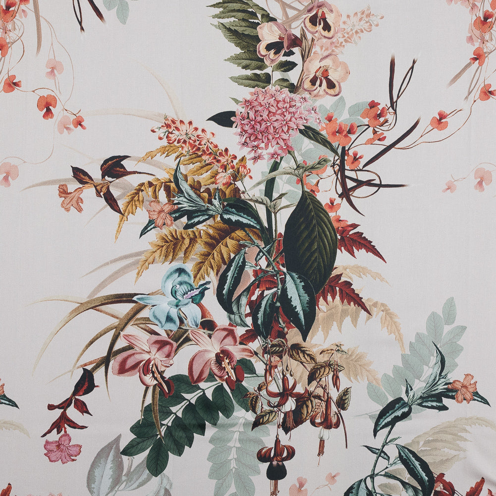 Stretch Cotton Sateen - Pale Green and Coral - Ile des Orchidees Print - Mood Exclusive Jacques Collection Stretch Cotton Sateen - Pale Green and Coral - Ile des Orchidees Print - Mood Exclusive Jacques Collection