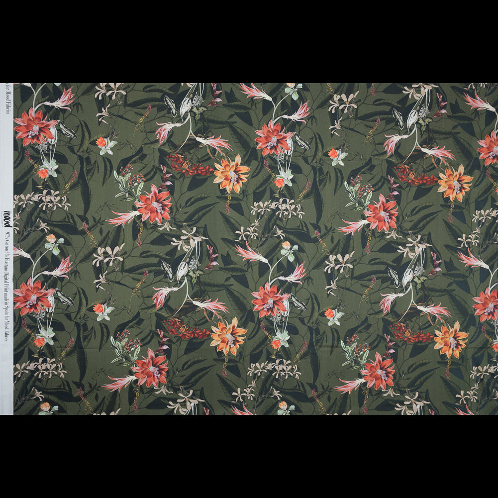 Stretch Cotton Sateen - Olive Green Flowers and Leaves - Les Tropiques Print - Mood Exclusive Jacques Collection Stretch Cotton Sateen - Olive Green Flowers and Leaves - Les Tropiques Print - Mood Exclusive Jacques Collection