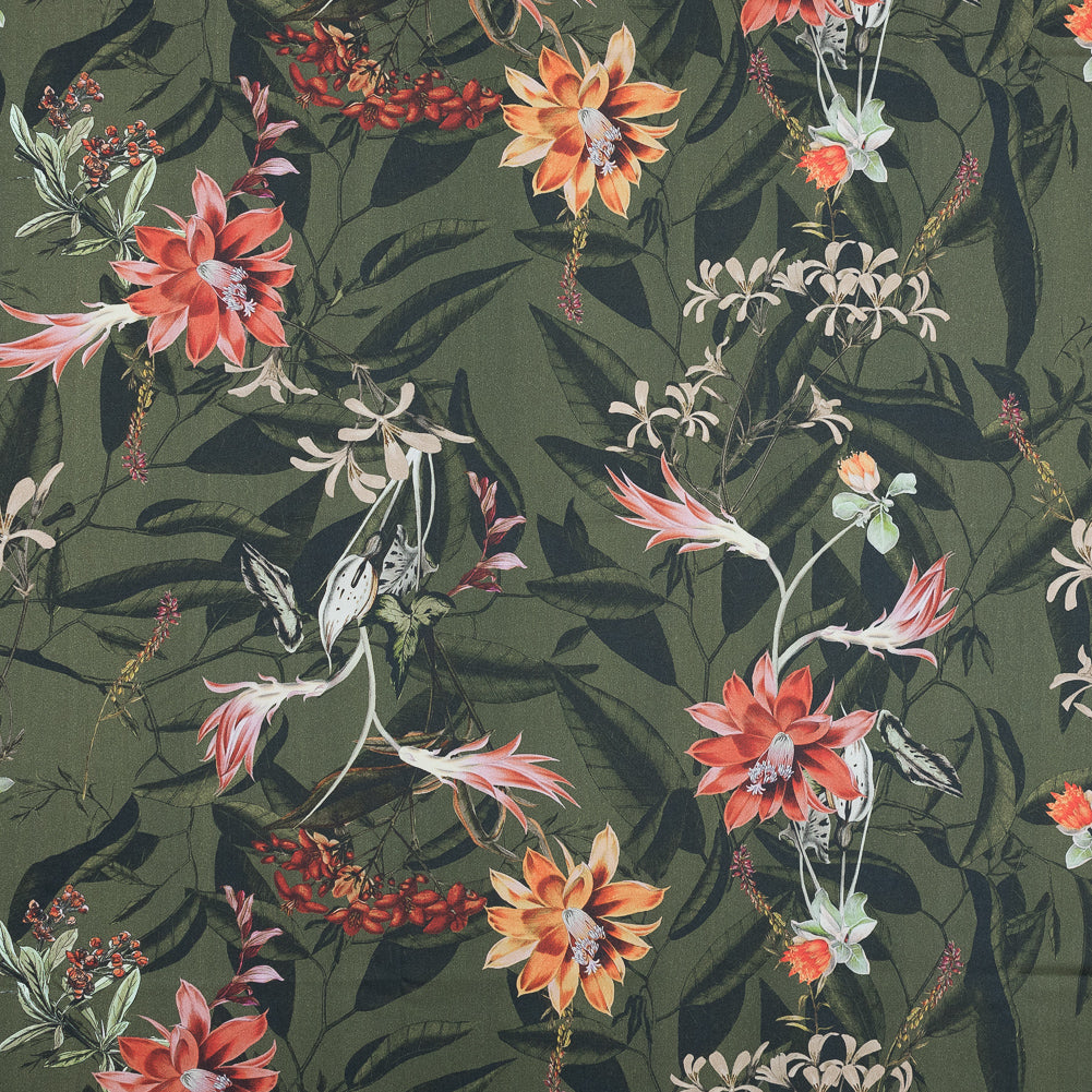 Stretch Cotton Sateen - Olive Green Flowers and Leaves - Les Tropiques Print - Mood Exclusive Jacques Collection Stretch Cotton Sateen - Olive Green Flowers and Leaves - Les Tropiques Print - Mood Exclusive Jacques Collection