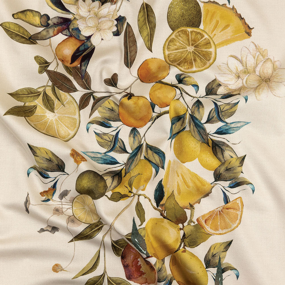 Stretch Cotton Sateen - Yellow and Green Fruit Vine - Panier de Fruits Print - Mood Exclusive Jacques Collection Stretch Cotton Sateen - Yellow and Green Fruit Vine - Panier de Fruits Print - Mood Exclusive Jacques Collection