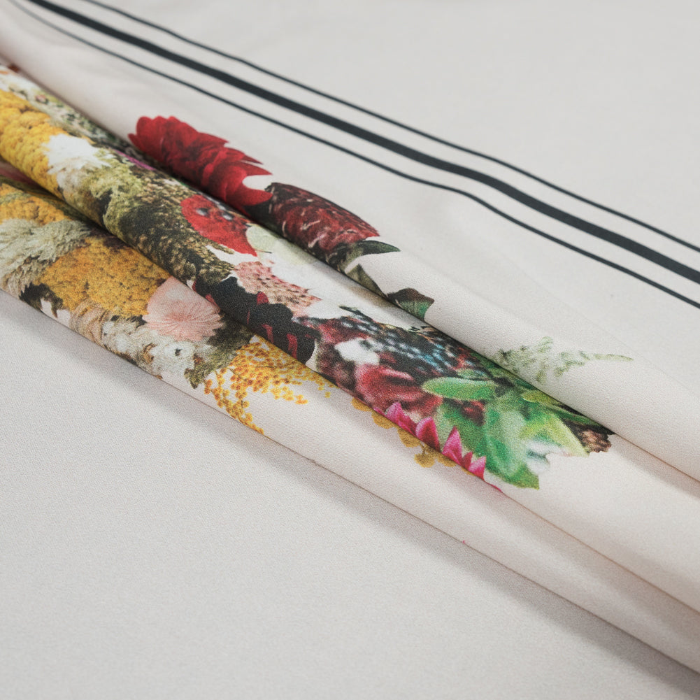 Stretch Cotton Sateen - White Floral and Stripes - Chloris' Bouquet Print - Mood Exclusive Gaia Collection - Folded Stretch Cotton Sateen - White Floral and Stripes - Chloris' Bouquet Print - Mood Exclusive Gaia Collection - Folded