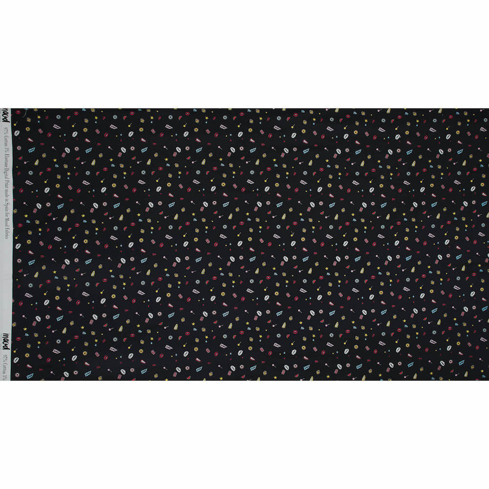 Satén de algodón elástico - Iconos pop negros - Estampado de caramelos y combate en negro - Colección exclusiva de cómics de Mood Satén de algodón elástico - Iconos pop negros - Estampado de caramelos y combate en negro - Colección exclusiva de cómics de Mood