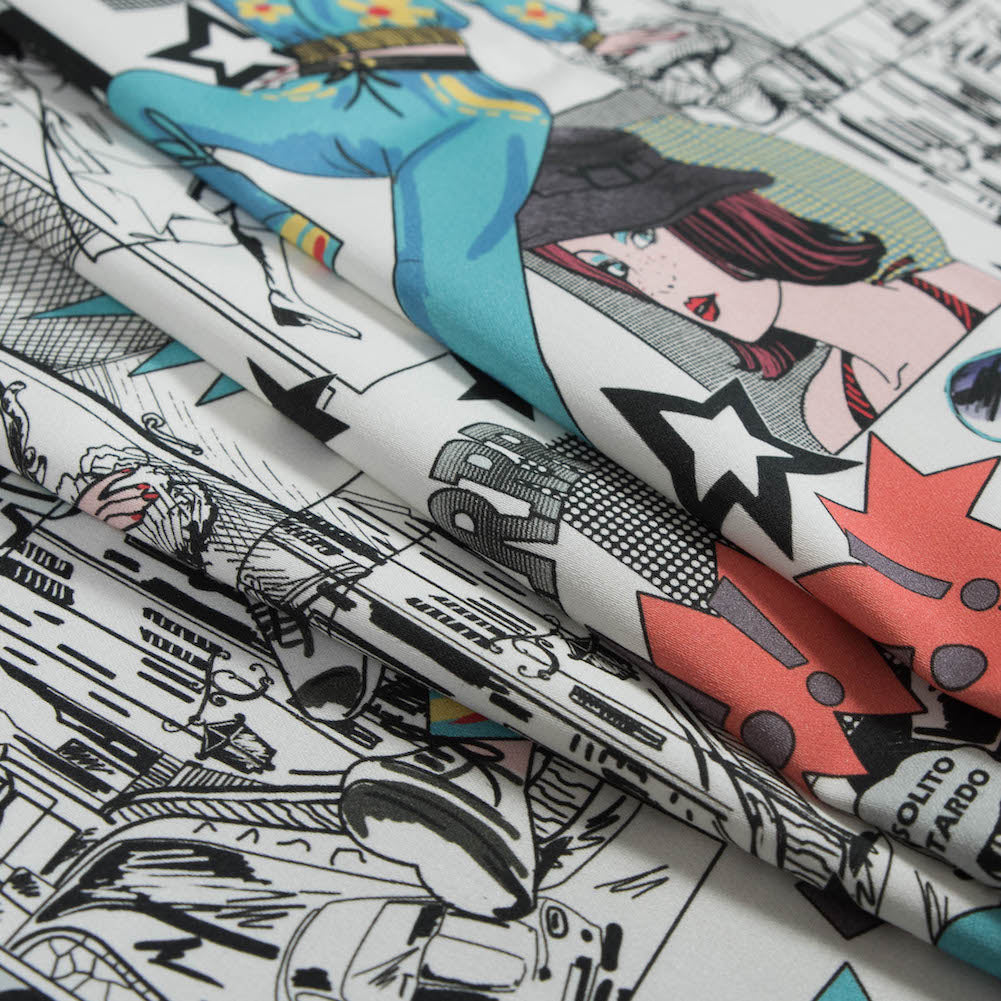 Stretch Cotton Sateen - White Pop Icons - White Fashionably Late Print - Mood Exclusive Comic Collection - Folded Stretch Cotton Sateen - White Pop Icons - White Fashionably Late Print - Mood Exclusive Comic Collection - Folded