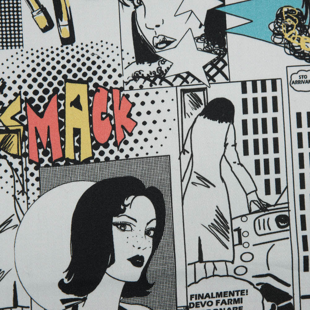 Stretch Cotton Sateen - White Pop Icons - White Fashionably Late Print - Mood Exclusive Comic Collection - Detail Stretch Cotton Sateen - White Pop Icons - White Fashionably Late Print - Mood Exclusive Comic Collection - Detail