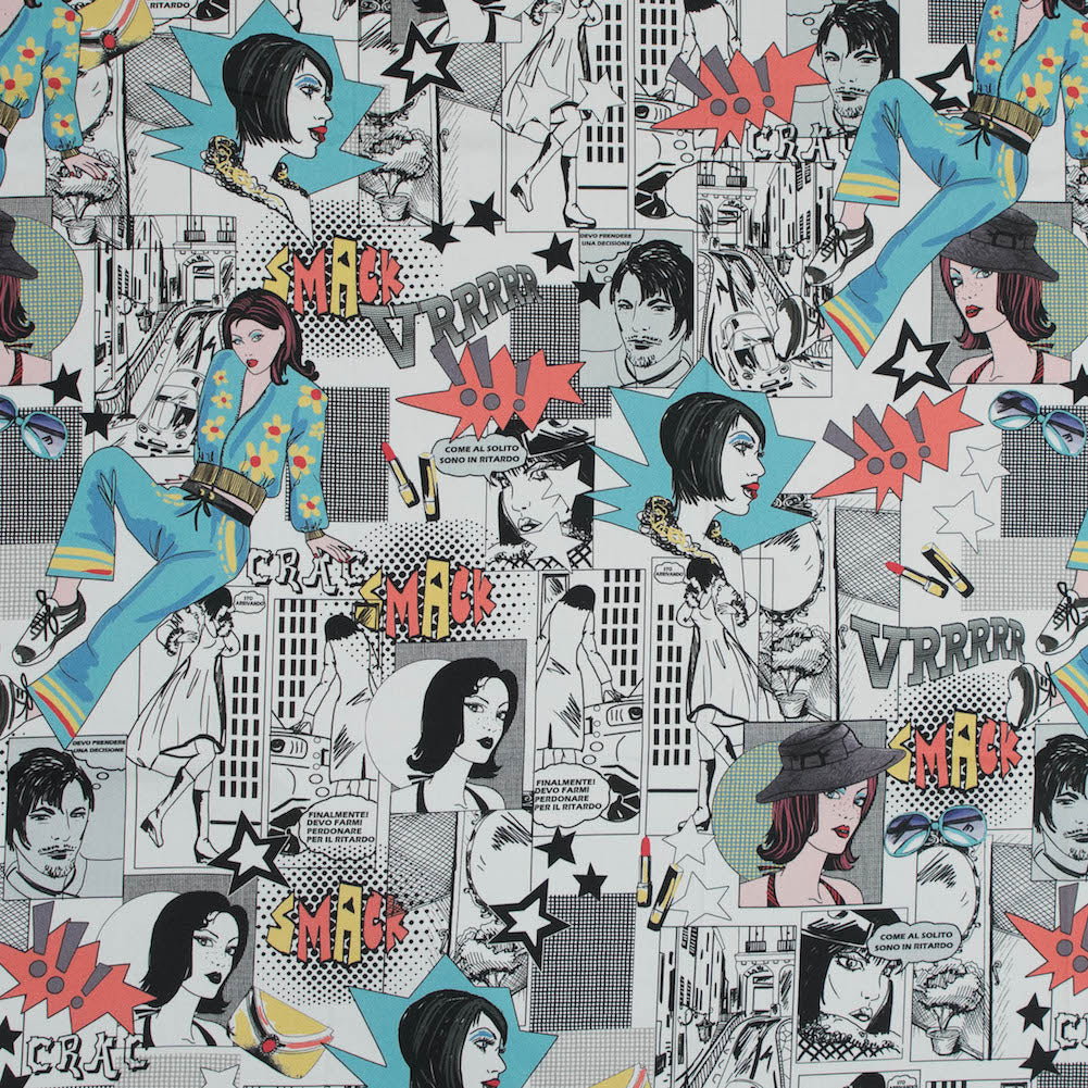 Stretch Cotton Sateen - White Pop Icons - White Fashionably Late Print - Mood Exclusive Comic Collection Stretch Cotton Sateen - White Pop Icons - White Fashionably Late Print - Mood Exclusive Comic Collection