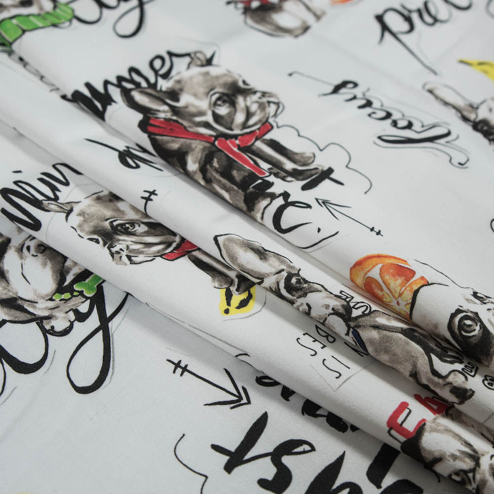 Stretch Cotton Sateen - White Dogs and Text - White Dog Days Print - Mood Exclusive Comic Collection Stretch Cotton Sateen - White Dogs and Text - White Dog Days Print - Mood Exclusive Comic Collection