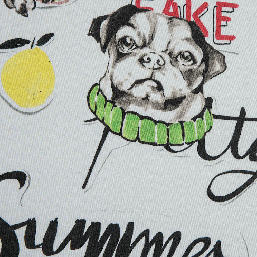 Stretch Cotton Sateen - White Dogs and Text - White Dog Days Print - Mood Exclusive Comic Collection Stretch Cotton Sateen - White Dogs and Text - White Dog Days Print - Mood Exclusive Comic Collection