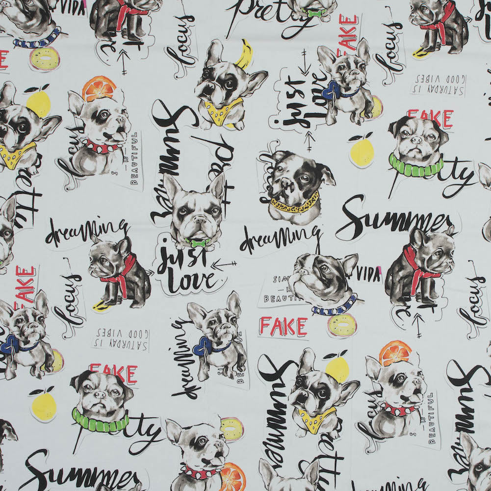 Stretch Cotton Sateen - White Dogs and Text - White Dog Days Print - Mood Exclusive Comic Collection Stretch Cotton Sateen - White Dogs and Text - White Dog Days Print - Mood Exclusive Comic Collection