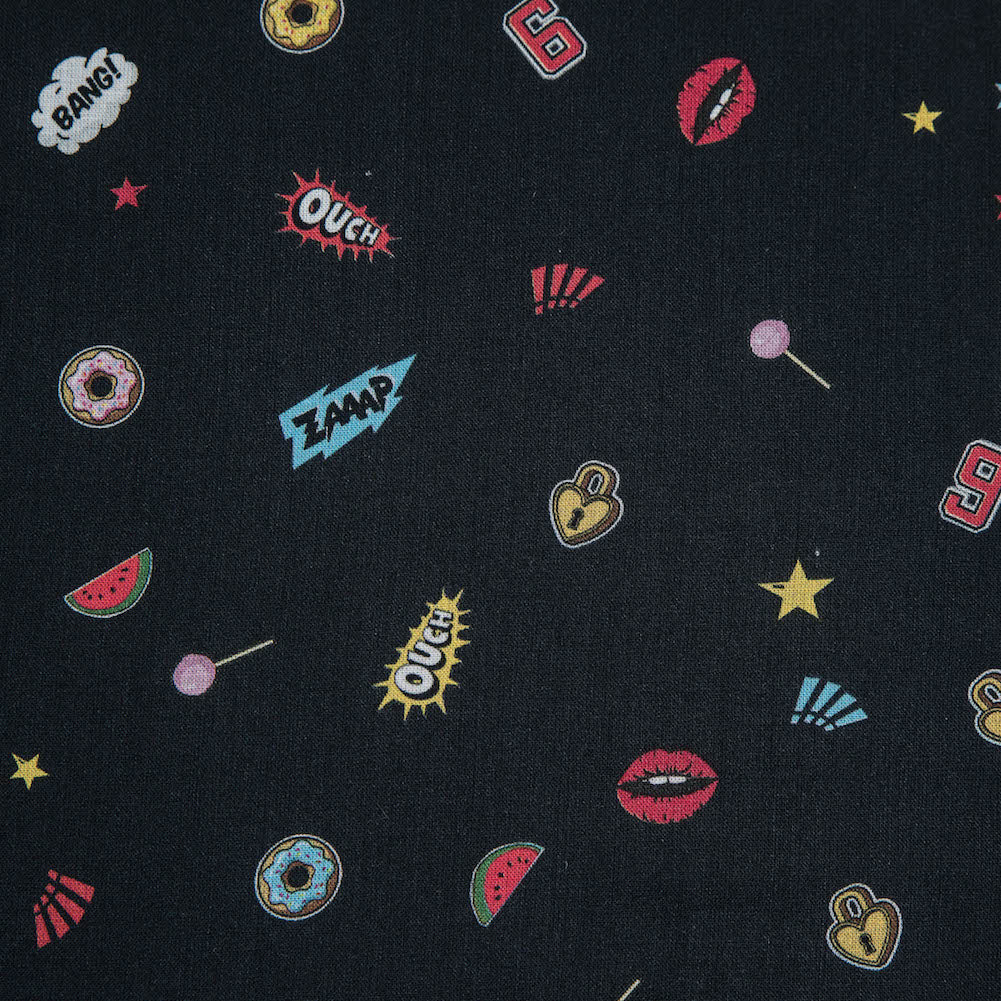 Cotton Voile - Black Pop Icons - Black Candy and Combat Print - Mood Exclusive Comic Collection - Detail Cotton Voile - Black Pop Icons - Black Candy and Combat Print - Mood Exclusive Comic Collection - Detail