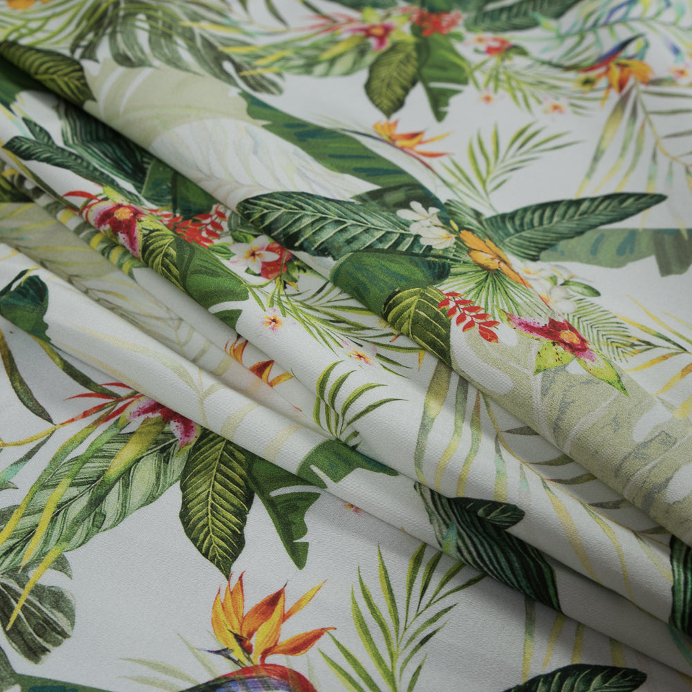 Stretch Cotton Sateen - Palm Leaves and Flowers - The Island's Palms Print - Mood Exclusive Aloha Collection Stretch Cotton Sateen - Palm Leaves and Flowers - The Island's Palms Print - Mood Exclusive Aloha Collection