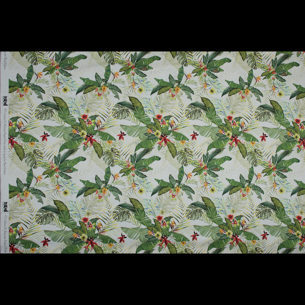 Stretch Cotton Sateen - Palm Leaves and Flowers - The Island's Palms Print - Mood Exclusive Aloha Collection Stretch Cotton Sateen - Palm Leaves and Flowers - The Island's Palms Print - Mood Exclusive Aloha Collection