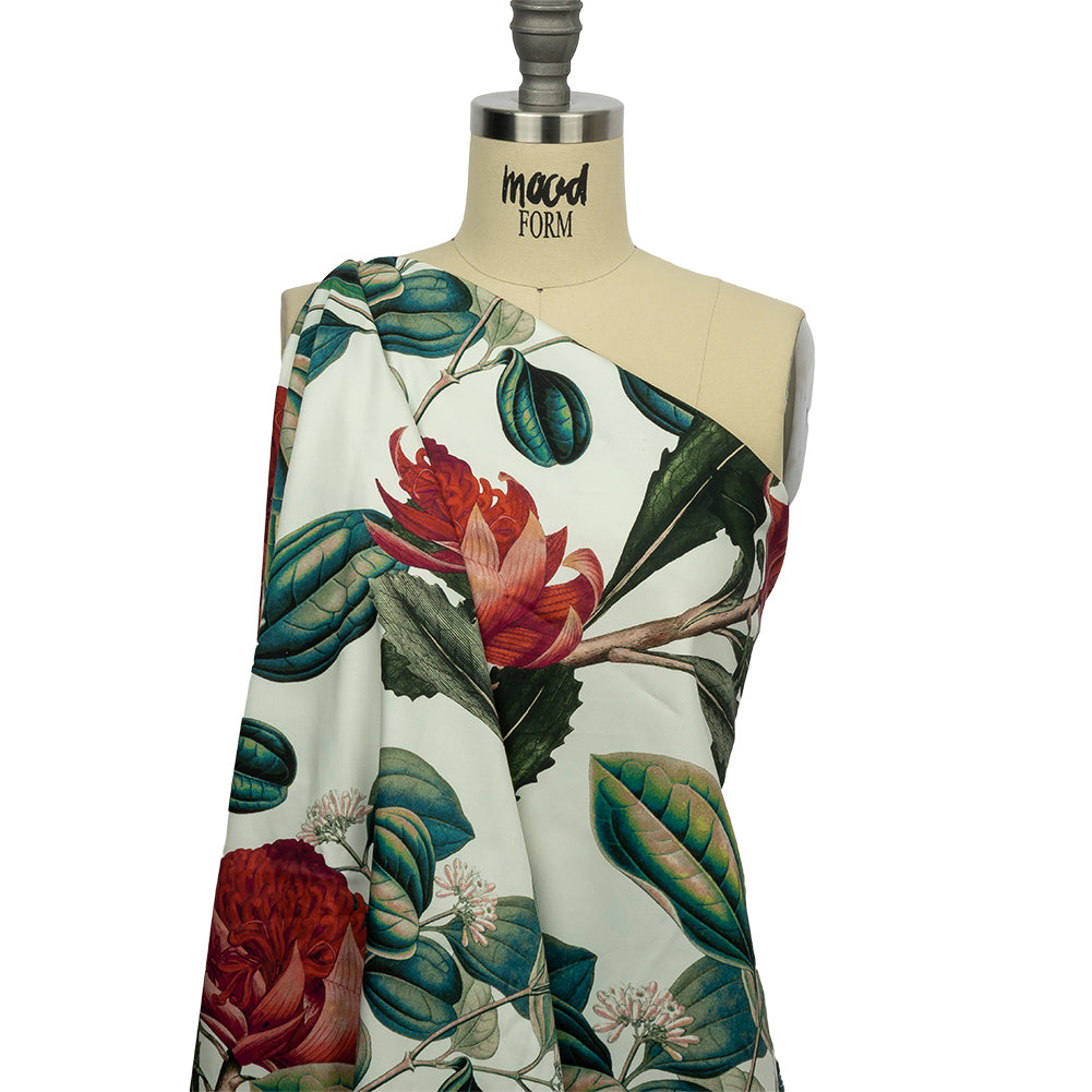 Stretch Cotton Sateen - Red and Green Floral - Paintbrush Lily Print - Mood Exclusive Aloha Collection Stretch Cotton Sateen - Red and Green Floral - Paintbrush Lily Print - Mood Exclusive Aloha Collection