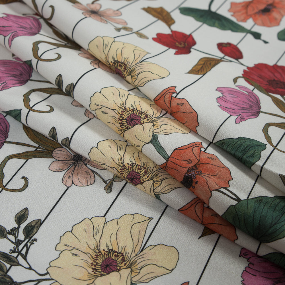 Stretch Cotton Sateen - Red and Yellow Flowers on Pinstripes - A Morning Hello Print - Mood Exclusive Aloha Collection - Folded Stretch Cotton Sateen - Red and Yellow Flowers on Pinstripes - A Morning Hello Print - Mood Exclusive Aloha Collection - Folded