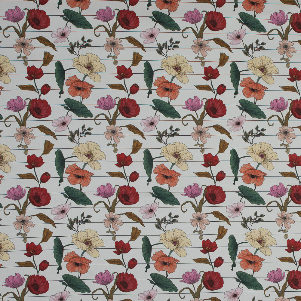 Stretch Cotton Sateen - Red and Yellow Flowers on Pinstripes - A Morning Hello Print - Mood Exclusive Aloha Collection Stretch Cotton Sateen - Red and Yellow Flowers on Pinstripes - A Morning Hello Print - Mood Exclusive Aloha Collection