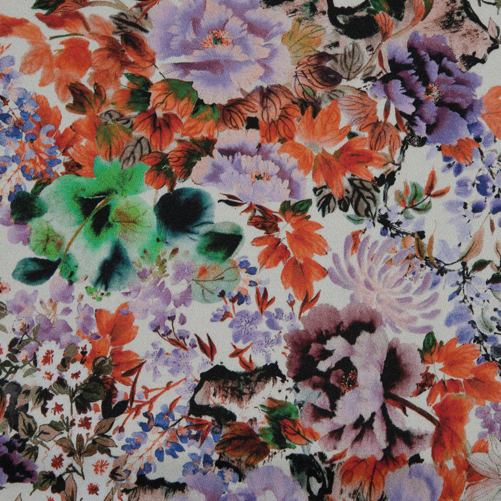 Stretch Cotton Sateen - Orange and Purple Floral - Wild Lantana Print - Mood Exclusive Aloha Collection Stretch Cotton Sateen - Orange and Purple Floral - Wild Lantana Print - Mood Exclusive Aloha Collection