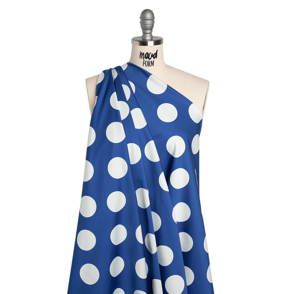 Stretch Cotton Sateen - Blue and White Polka Dots - Mood Exclusive Mahina Dots Print Stretch Cotton Sateen - Blue and White Polka Dots - Mood Exclusive Mahina Dots Print