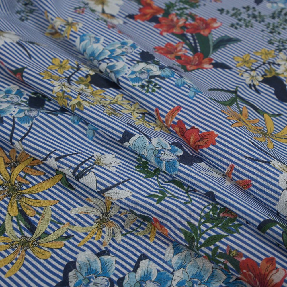 Cotton Voile - Florals on White and Blue Stripes - Ganesh's Epiphany Print - Mood Exclusive Surya Collection Cotton Voile - Florals on White and Blue Stripes - Ganesh's Epiphany Print - Mood Exclusive Surya Collection