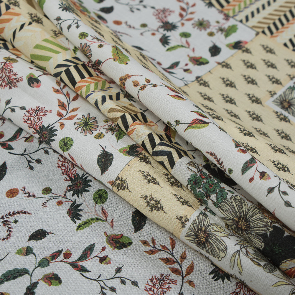 Cotton Voile - Yellow Floral Patchwork - Tulsi's Worship Print - Mood Exclusive Surya Collection Cotton Voile - Yellow Floral Patchwork - Tulsi's Worship Print - Mood Exclusive Surya Collection