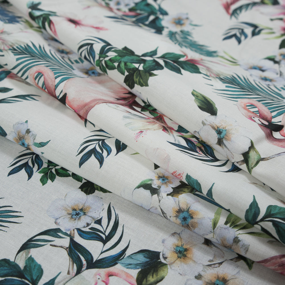 Cotton Voile - White Flamingos and Leaves - Balance of Unity Print - Mood Exclusive Key Largo Collection Cotton Voile - White Flamingos and Leaves - Balance of Unity Print - Mood Exclusive Key Largo Collection