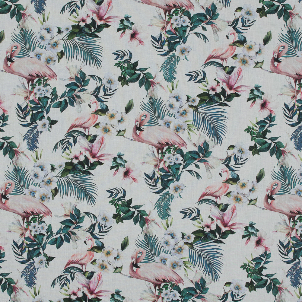 Cotton Voile - White Flamingos and Leaves - Balance of Unity Print - Mood Exclusive Key Largo Collection Cotton Voile - White Flamingos and Leaves - Balance of Unity Print - Mood Exclusive Key Largo Collection