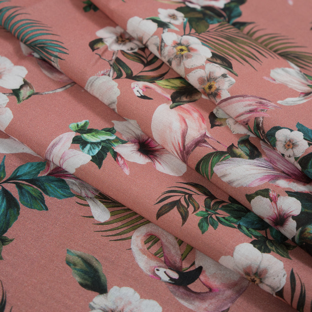 Cotton Voile - Salmon Flamingos and Leaves - Balance of Unity Print - Mood Exclusive Key Largo Collection Cotton Voile - Salmon Flamingos and Leaves - Balance of Unity Print - Mood Exclusive Key Largo Collection